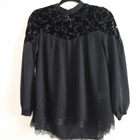 Black Velvet Blouse Burnout Long Sleeve Flowy Delicate Lace Jolt Small Chest 34" - Picture 5 of 5